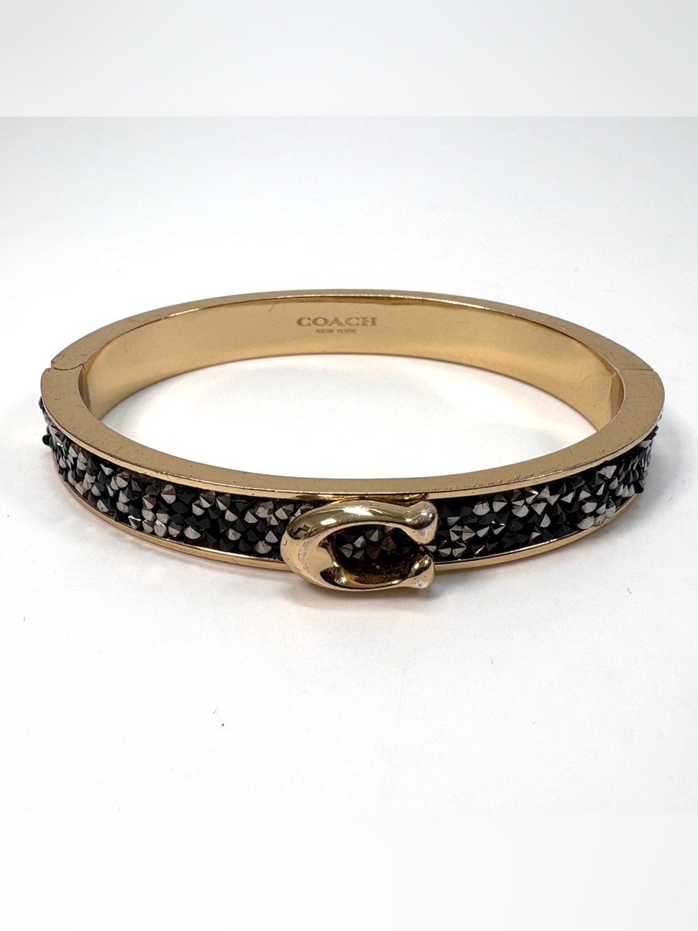 Coach Bangle Bracelet Hinged C Logo Black inlay Crystal Gold Tone Fashion"